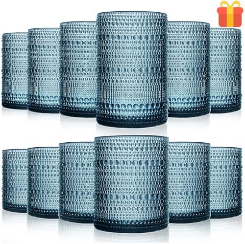 Vintage Glassware Drinking Glasses Set Of 12, Blue 14Oz & 11Oz Hobnail