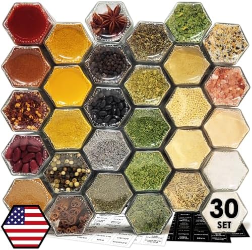 30 Set Hexagon Glass Magnetic Spice Jars for Refrigerator