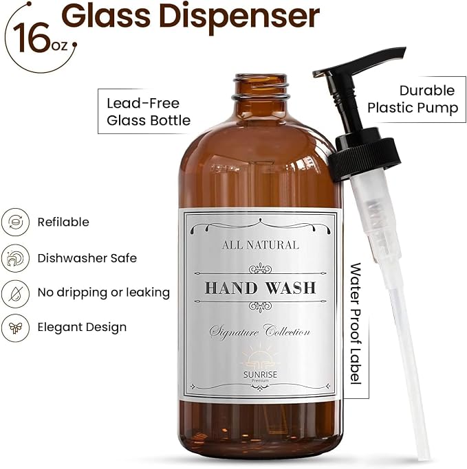 Sunrise Premium 16 OZ Amber Glass Soap Dispenser - Image 2