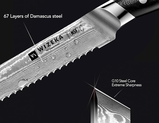 WIZEKA 10 inch Damascus Serrated Bread Knife - Image 3