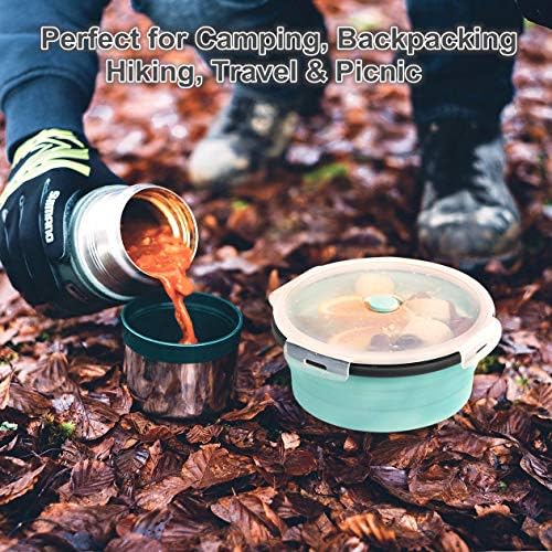 ColorCoral Collapsible Camping Bowl with Lid & Fork Silicone 1200ml