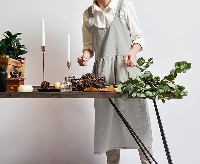 Uaussi Cotton Linen Apron Cross Back Work Apron - Image 7