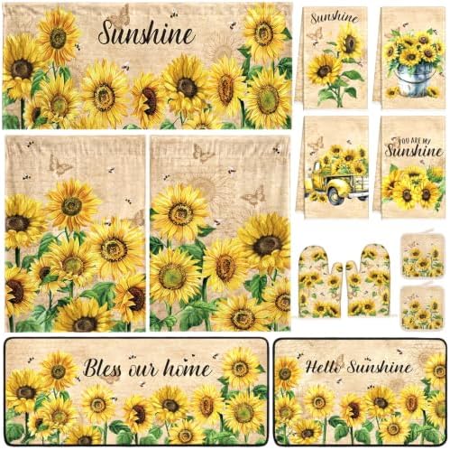 Fanfanwin 13 Pcs Sunflower Kitchen Set 3 Kitchen Curtains Valance 2