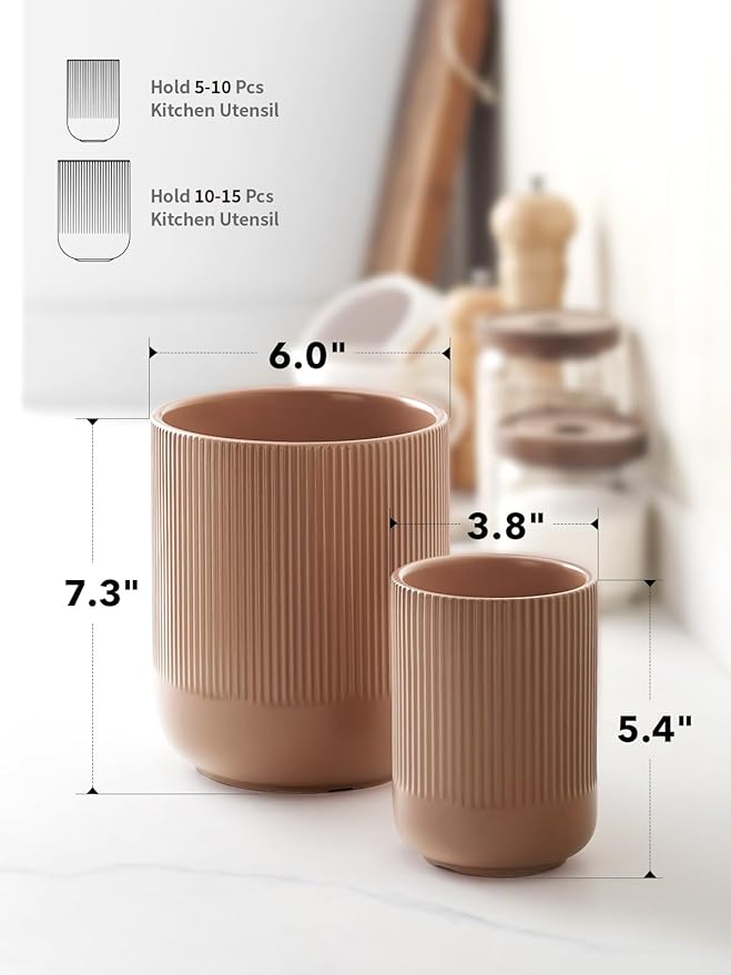 LE TAUCI Utensil Holder for Kitchen Counter, 7.3"+5.4" Fluted Ceramic Utensil - Image 5