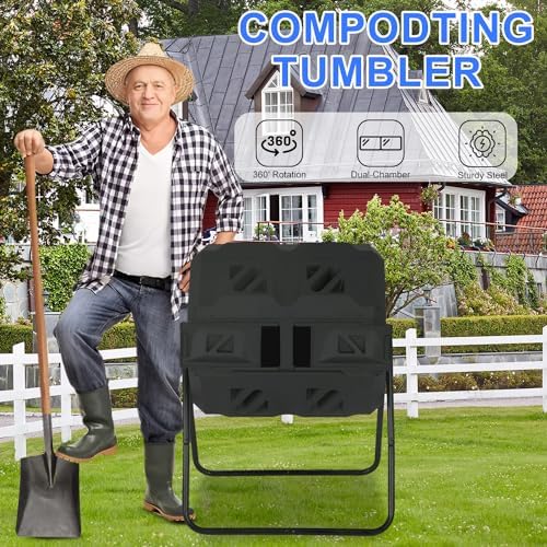 FDW | Outdoor Compost Bin | 43 Gallon | Black | Dual Chamber Tumbling