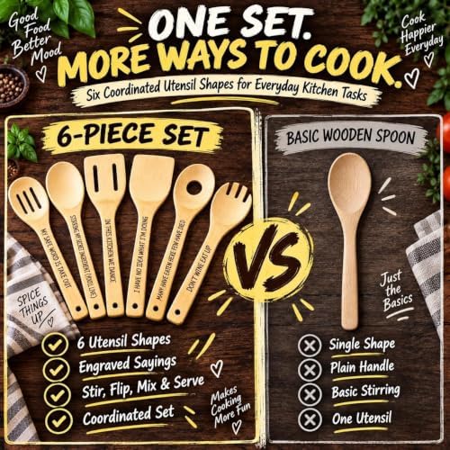 Cussing Cutlery Wooden Spoons for Cooking 6 Piece Bamboo Utensil Set