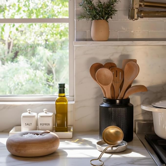 JIEMEI HOME Kitchen Utensil Holder, 6.77" Ceramic Farmhouse Stable Utensil Crock - Image 9