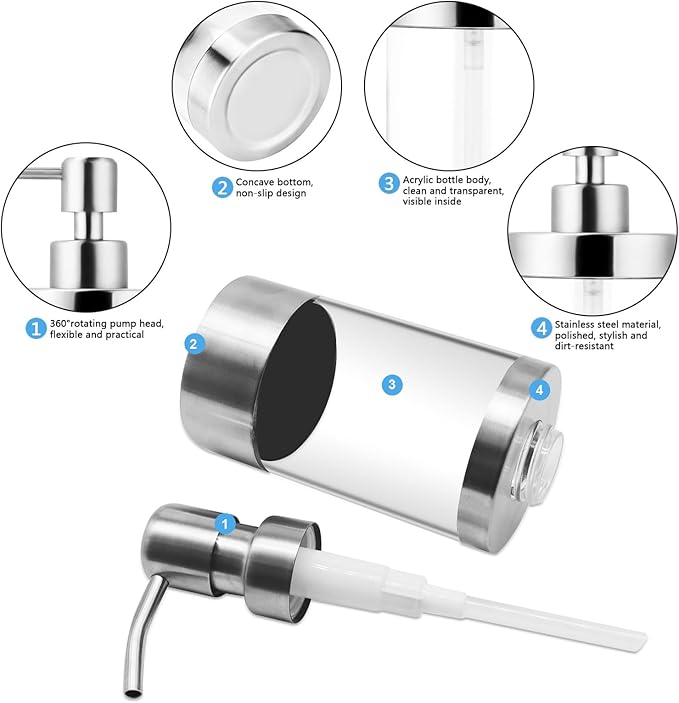 Dish Soap Dispenser Stainless Steel Case Acrylic Liner Hand Pump Dispenser - Image 2