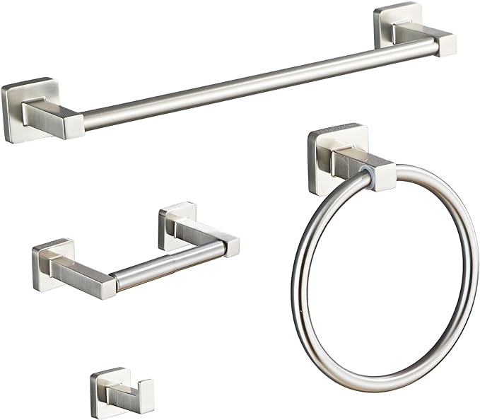 Brushed Nickel Bathroom Hardware Set 4 Pieces, Towel Bar Set Stainless Steel by bluebyrne