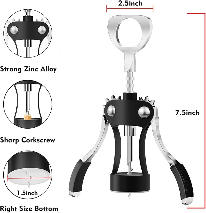 KORCCI Wine Opener, Heavy-Duty Zinc Alloy Wing Corkscrew, Premium Beer Bottle - Image 3