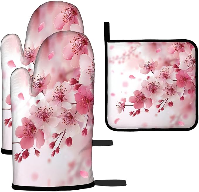 LOKMU Oven Mitts and Pot Holders Set of 3, Watercolor Pink Cherry Blossoms by LOKMU