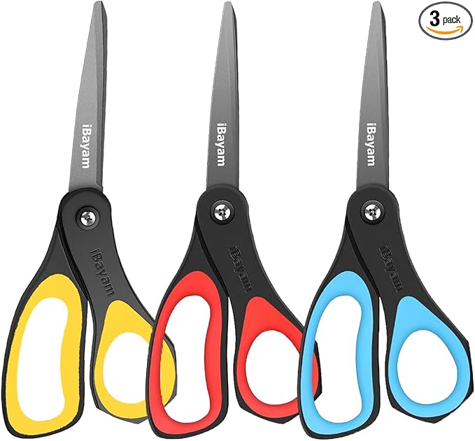 Scissors, iBayam 3 Pack 8" All Purpose Nonstick Scissors, 2.5MM Thickness by iBayamDirect