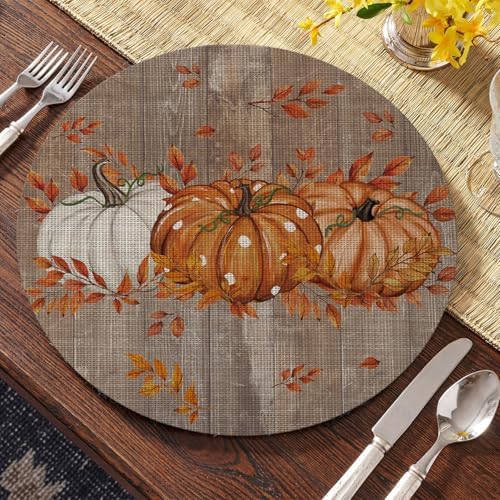 Artoid Mode Maple Leaves Pumpkins Plastic Round Fall Placemats Set of