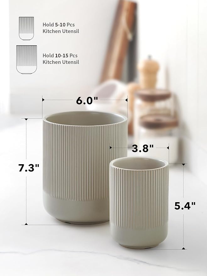 LE TAUCI Utensil Holder for Kitchen Counter, 7.3"+5.4" Fluted Ceramic Utensil - Image 6