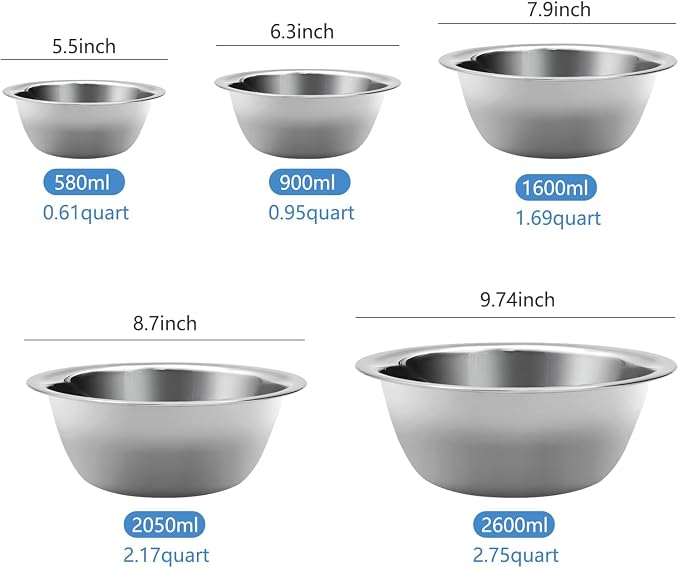 Mixing Bowl Set of 5, Stainless Steel Mixing Bowls, Nesting Whisking Bowl Set - Image 4