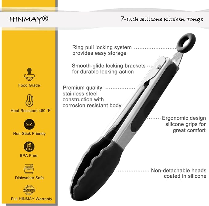 HINMAY Mini Tongs with Silicone Tips 7-Inch Kitchen Tongs - Image 2