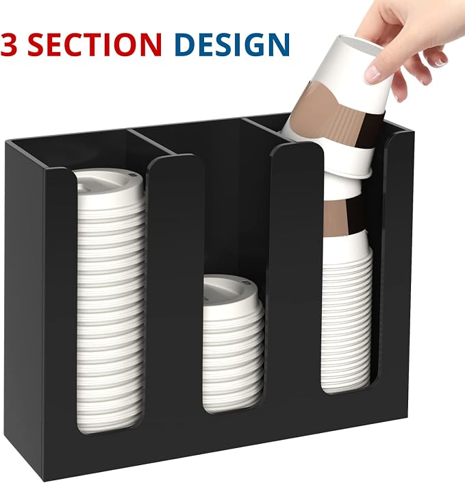 KOTEMON Acrylic Cup and Lid Holder, 3 Compartment, Disposable Coffee Cup - Image 2