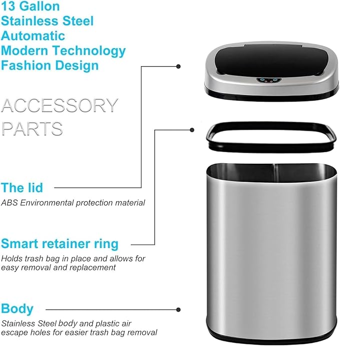 Bigacc Kitchen Trash Can | Stainless Steel 13 Gallon Trash Can | 50L Touch Free - Image 6