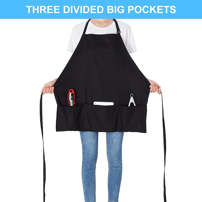 Jubatus 2 Pack 3 Pockets 100% Cotton Adjustable Bib Apron Chef Kitchen Cooking - Image 2