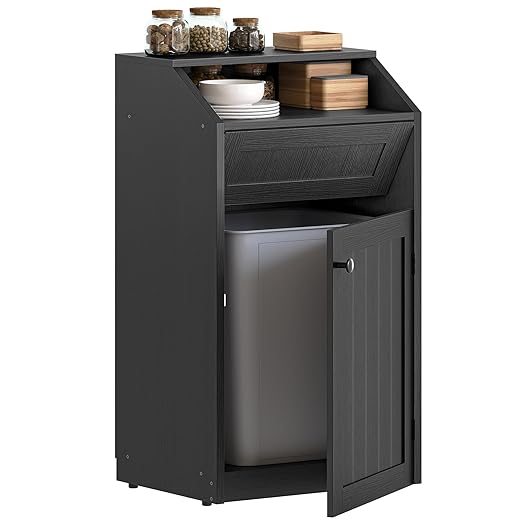 YATINEY Trash Cabinet, Freestanding Trash Can Cabinet, Wooden Recycling - Image 8