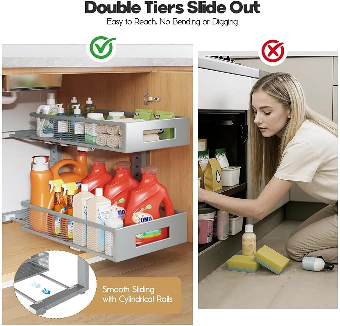 1 Pack 17IN Depth Under Sink Organizer, 2-Tier Pull Out Cabinet Organizer - Image 7