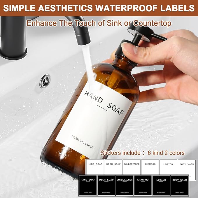 RYTOXILO Hand Soap Dispenser for Bathroom 2 Pack, Amber Glass Soap Dispenser - Image 4