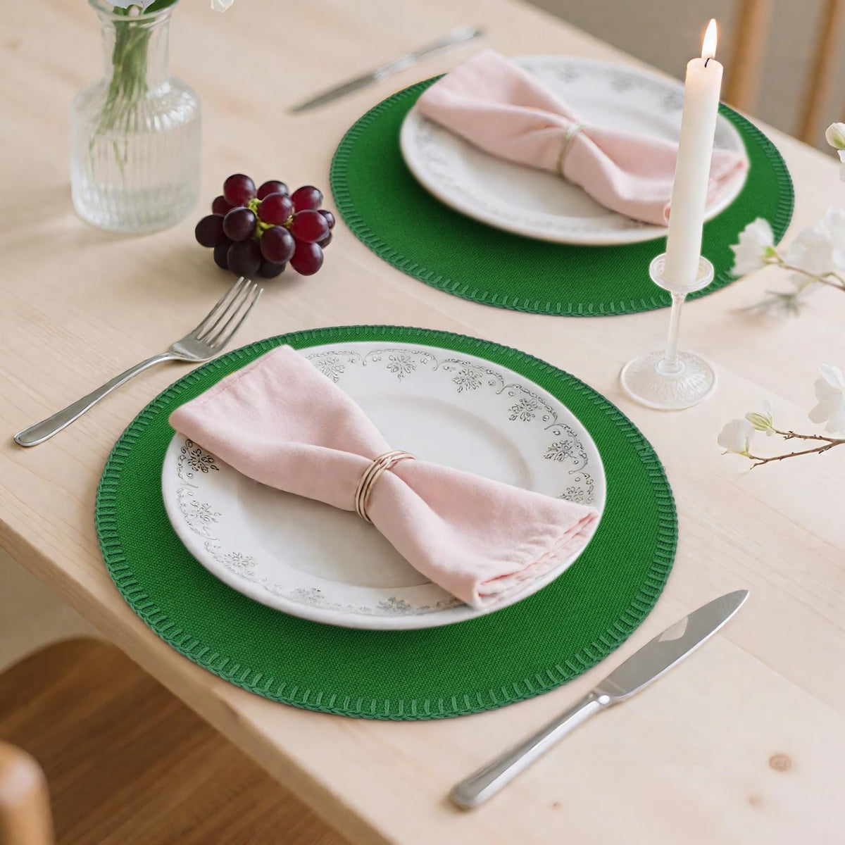 15" Round Placemats Set of 6, Faux Linen Cloth Place Mats, Green