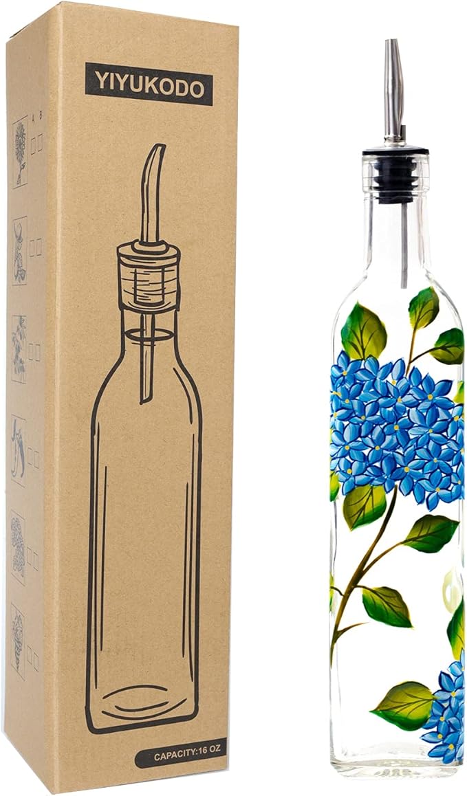 17oz Hand Painted Glass Olive Oil Bottle Dispenser - 500ml Green Oil & Vinegar by YIYUKODO