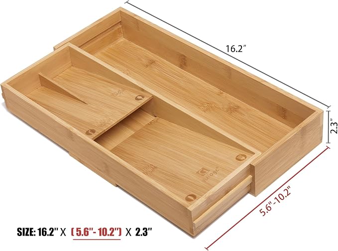 guiogc Bamboo Kitchen Drawer Organizer, Cutlery Tray - Image 2
