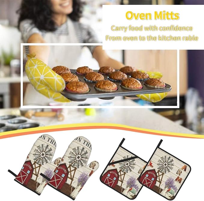 Oven Mitts and Pot Holders Sets of 4, Farmhouse Windmill and Barn House - Image 7