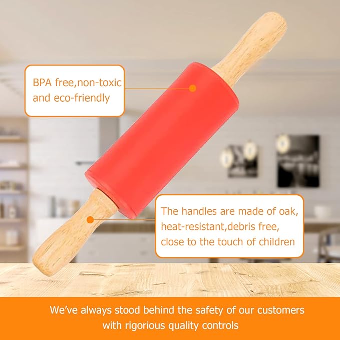 Mini Silicone Rolling Pin for Kids, Non-stick Surface Wood Handle, 9 Inch 2 Pack - Image 2