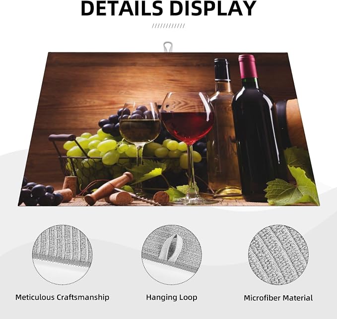 Red White Wine Dish Drying Mat Retro Fruit Grapes Wooden Board Drying Rack Pad - Image 2