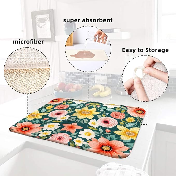 Large Blue Floral Spring Dish Drying Mat - Image 6