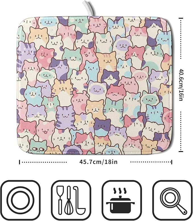 Colorful Cats Dish Drying Mat 16x18 inch Cute Animal Microfiber Reversible Fast - Image 2