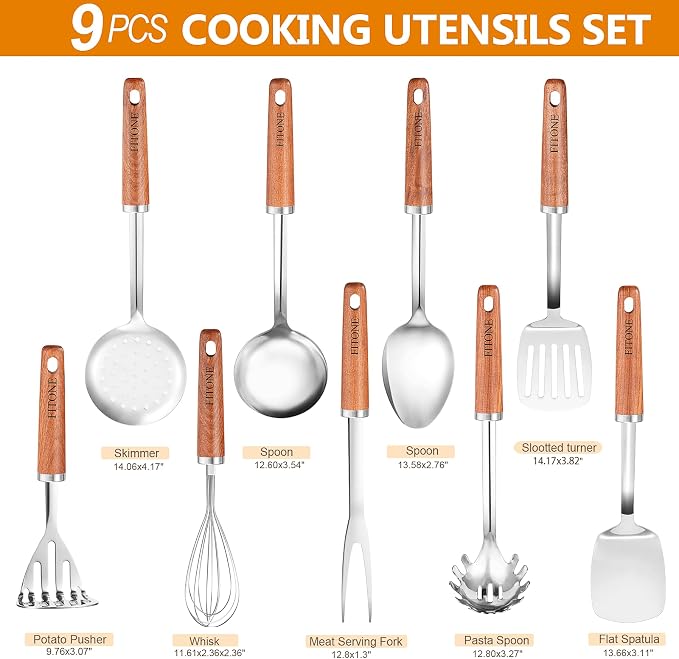 9PCS 18/8 Stainless Steel Kitchen Utensils Set, Heavy Duty Wooden Handle - Image 2