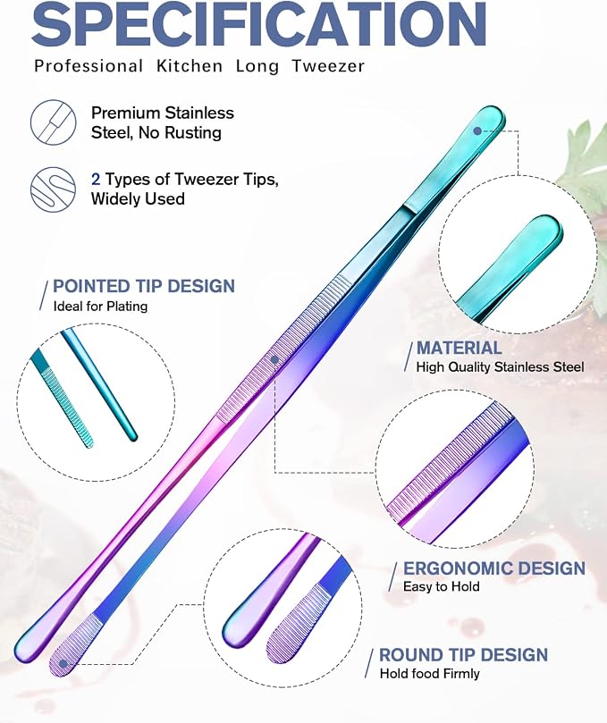 4 Pcs Fine Long Tweezer Tongs Professional Rainbow, Sea food and BBQ - Image 2