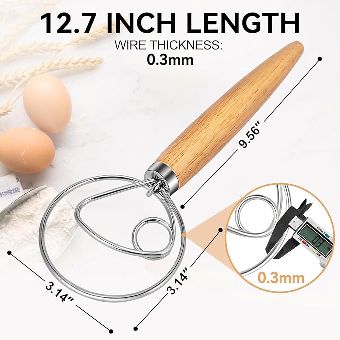 TEEVEA Danish Dough Whisk for Bread Sourdough, Wooden Handle & Stainless Steel - Image 2
