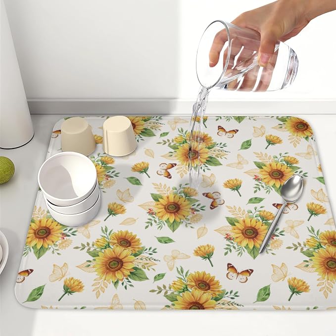 Sunflower Dish Drying Mat for Kitchen Counter Summer Yellow Floral Microfiber - Image 6