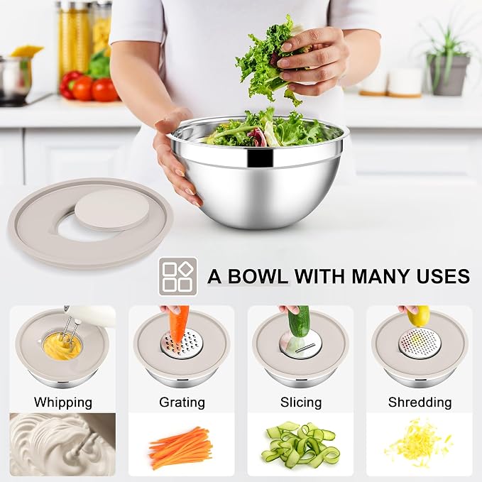E-far Mixing Bowls with Lids Set, Size 7, Nesting Design & Khaki Airtight Lid - Image 3