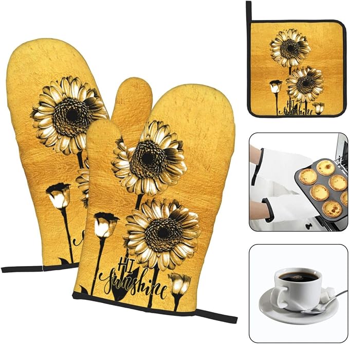 Sunflower Oven Mitts and Pot Holders Sets, Heat Resistant Gold Kitchen Oven - Image 3