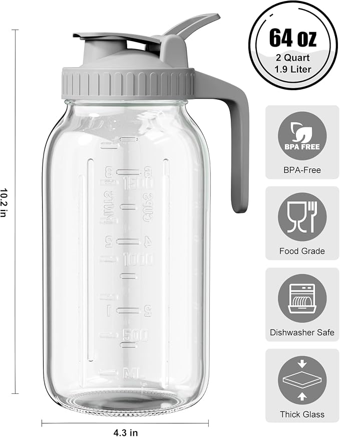 OneDream Glass Pitcher with Lid – 64oz Glass Mason Jar Pitcher with Wide Mouth - Image 2