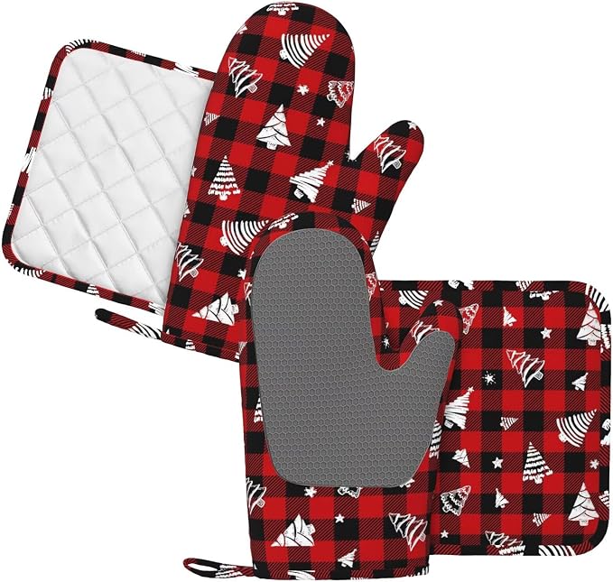 Red Gingham Plaid Christmas Tree Oven Mitts and Pot Holders Set - Image 2