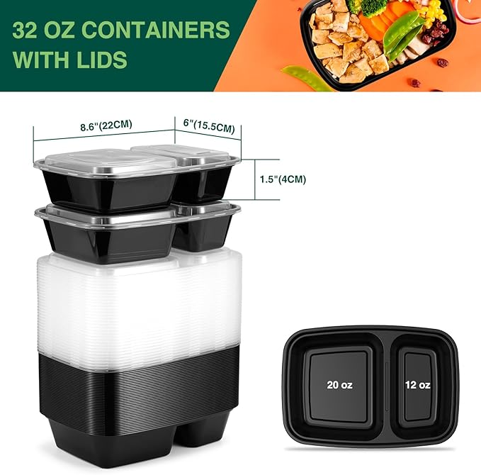 50 Pack 32 oz Sturdy Leakproof 2-Compartment Meal Prep Containers - Image 3