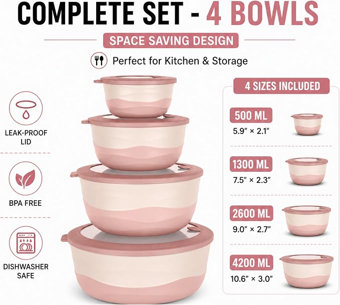 Pera Mixing Bowls with Lids Set, 8 Piece, BPA Free Nesting Kitchen Bowl Set - Image 4