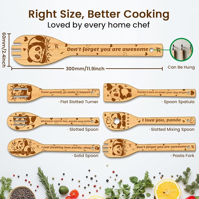 CUTHOLLOW 6PCS Pandas and Bamboo Wooden Kitchen Cooking Utensil Set, 11.9in Non - Image 2