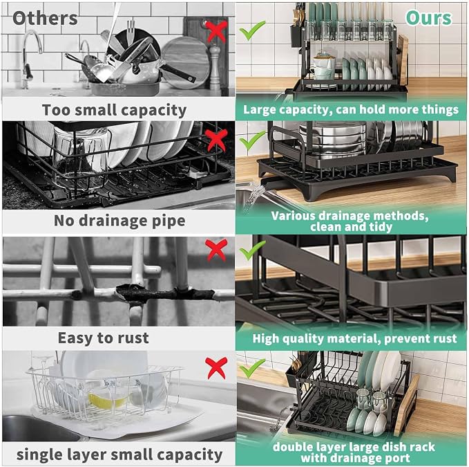 XLMYS Dish Drying Rack, 2 Tier Large Dish Drying Rack - Image 3