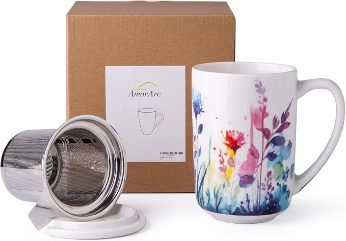 AmorArc Porcelain Tea Mug with Infuser and Lids, 18 Oz Large Cup Strainer with - Image 8