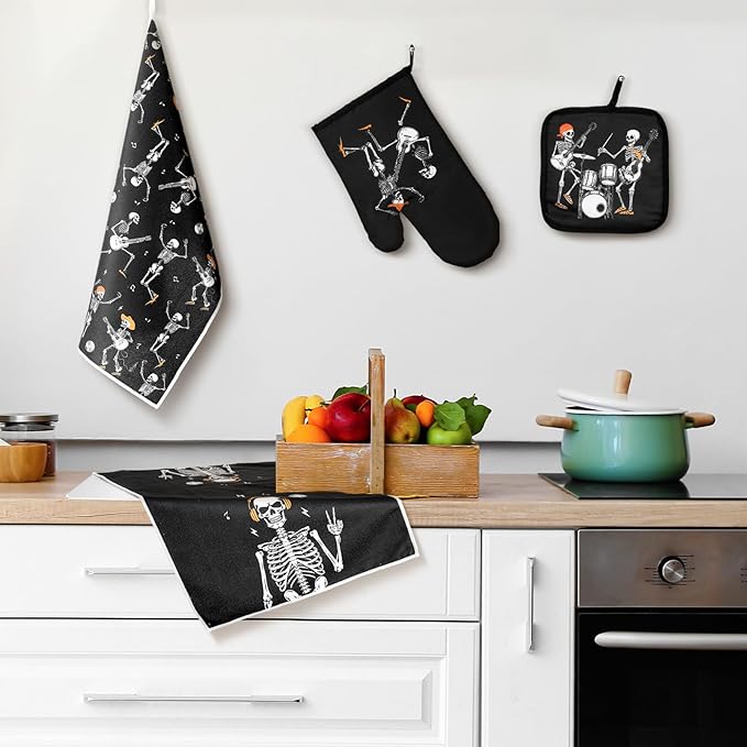 Leinuosen 8 Pcs Skull Kitchen Decor Set Kitchen Towels Gothic Oven Mitts and - Image 6