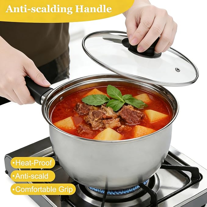 3pcs Stainless Steel Saucepan Set, Kitchen 1QT & 2QT & 3QT Pot Set - Image 5