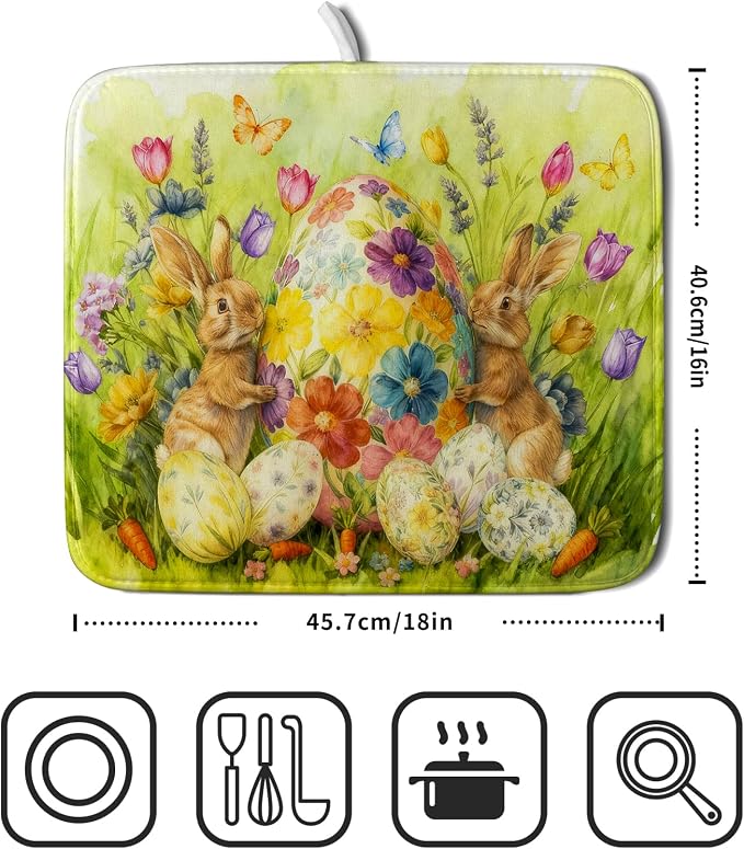Easter Dish Drying Mat for Kitchen Counter Spring Bunny Microfiber Countertop - Image 2